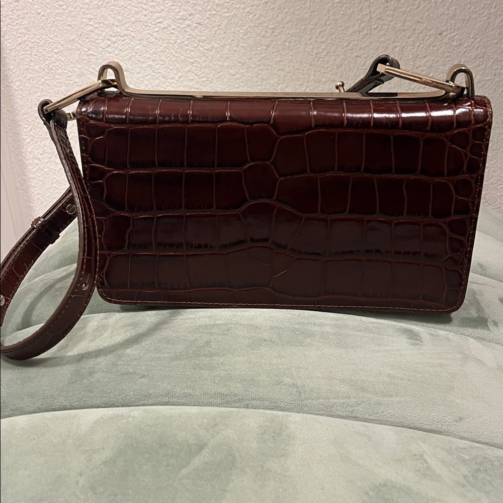 & Other Stories Chocolate Brown Leather Croc Embossed Shoulder Bag - Picture 5 of 6